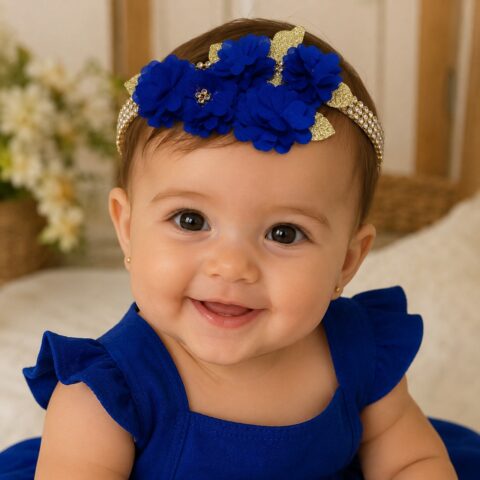 Faixa Tiara Infantil Belli Jardim Azul Royal com Dourado