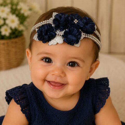 Faixa Tiara Infantil Belli Jardim Azul Petróleo com Prata