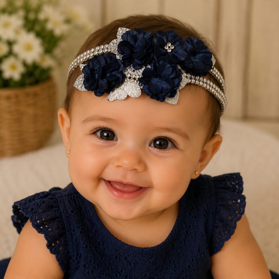 Faixa Tiara Infantil Belli Jardim Azul Petróleo com Prata