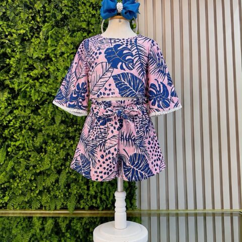 Conjunto Infantil Cropped Florido Rosa e Azul Primavera