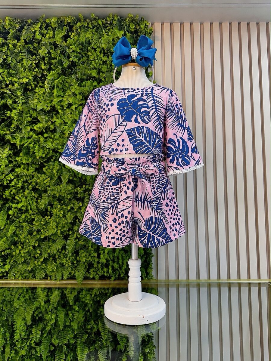 Conjunto Infantil Cropped Florido Rosa e Azul Primavera