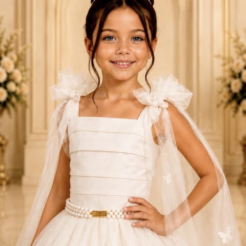 Vestido Infantil Longo Off White com Borboletas Festa