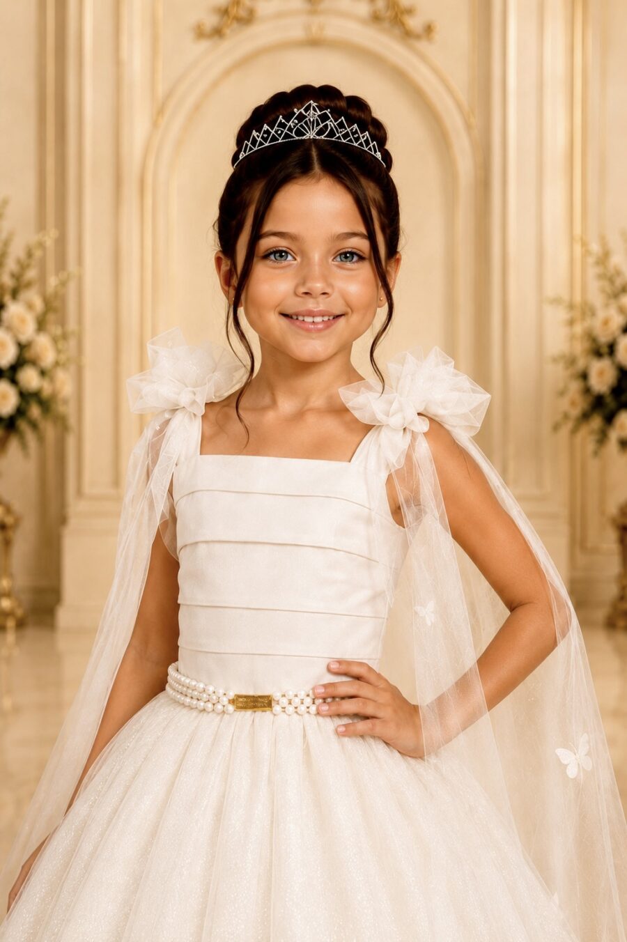 Vestido Infantil Longo Off White com Borboletas Festa