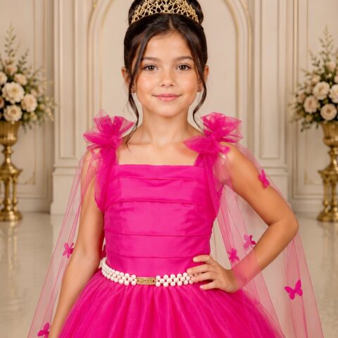 Vestido Infantil Longo Pink com Borboletas Festa
