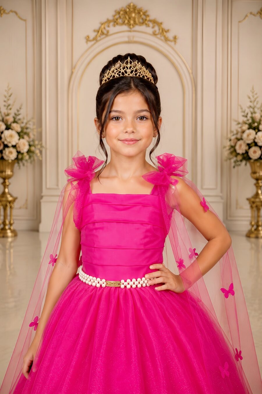 Vestido Infantil Longo Pink com Borboletas Festa