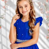 Vestido Longo Infantil Daminha Azul Royal Busto Nervura