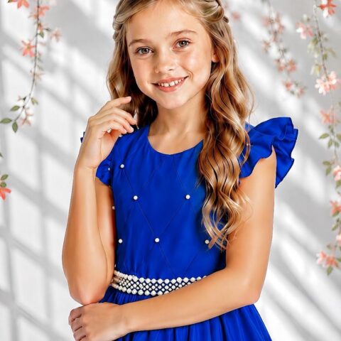 Vestido Longo Infantil Daminha Azul Royal Busto Nervura