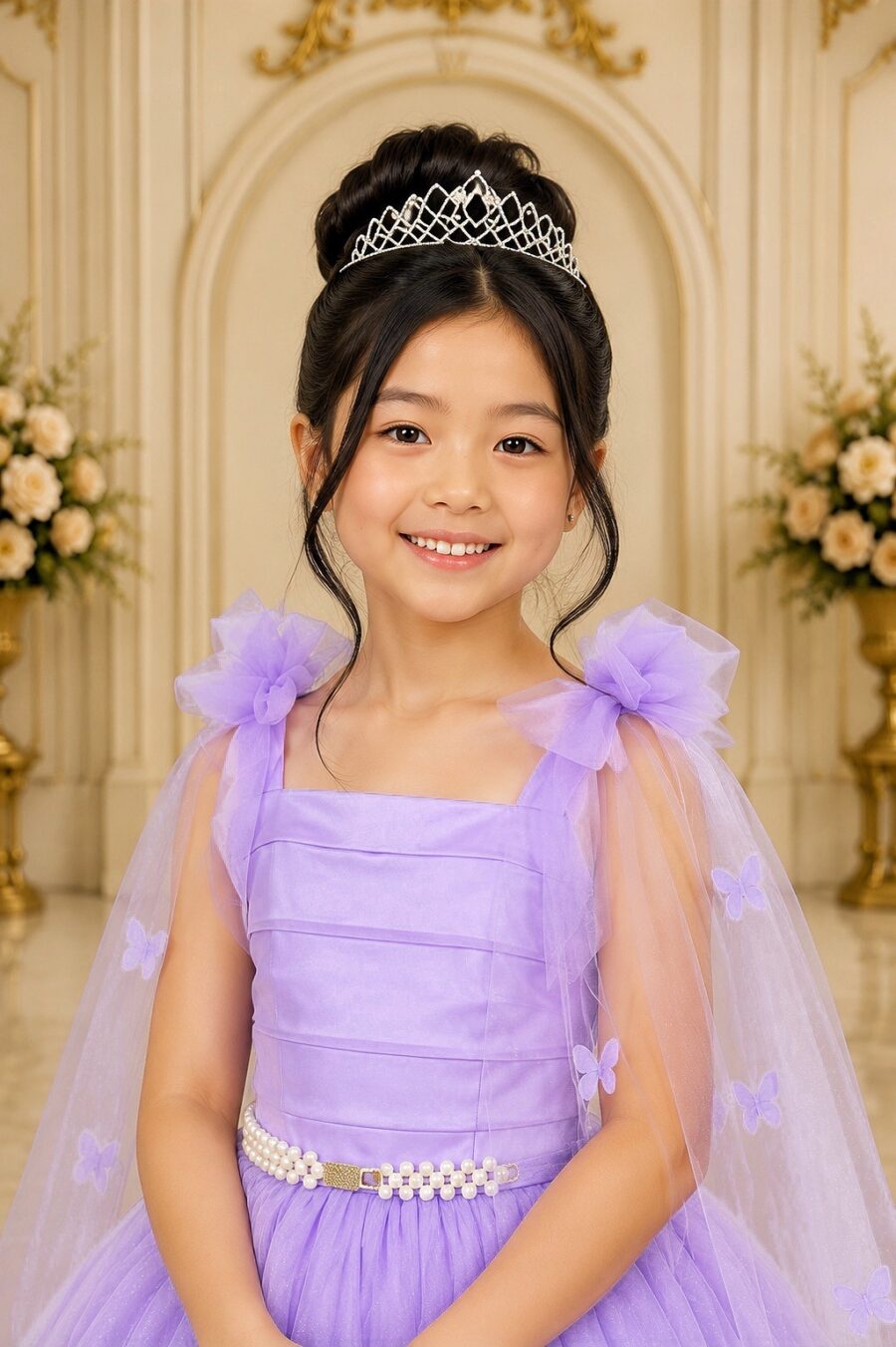 Vestido Infantil Longo Lilás Borboletas e Pérolas Dama