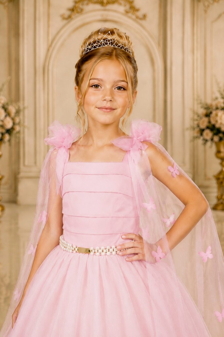 Vestido Infantil Longo Rosa com Borboletas Dama Festa