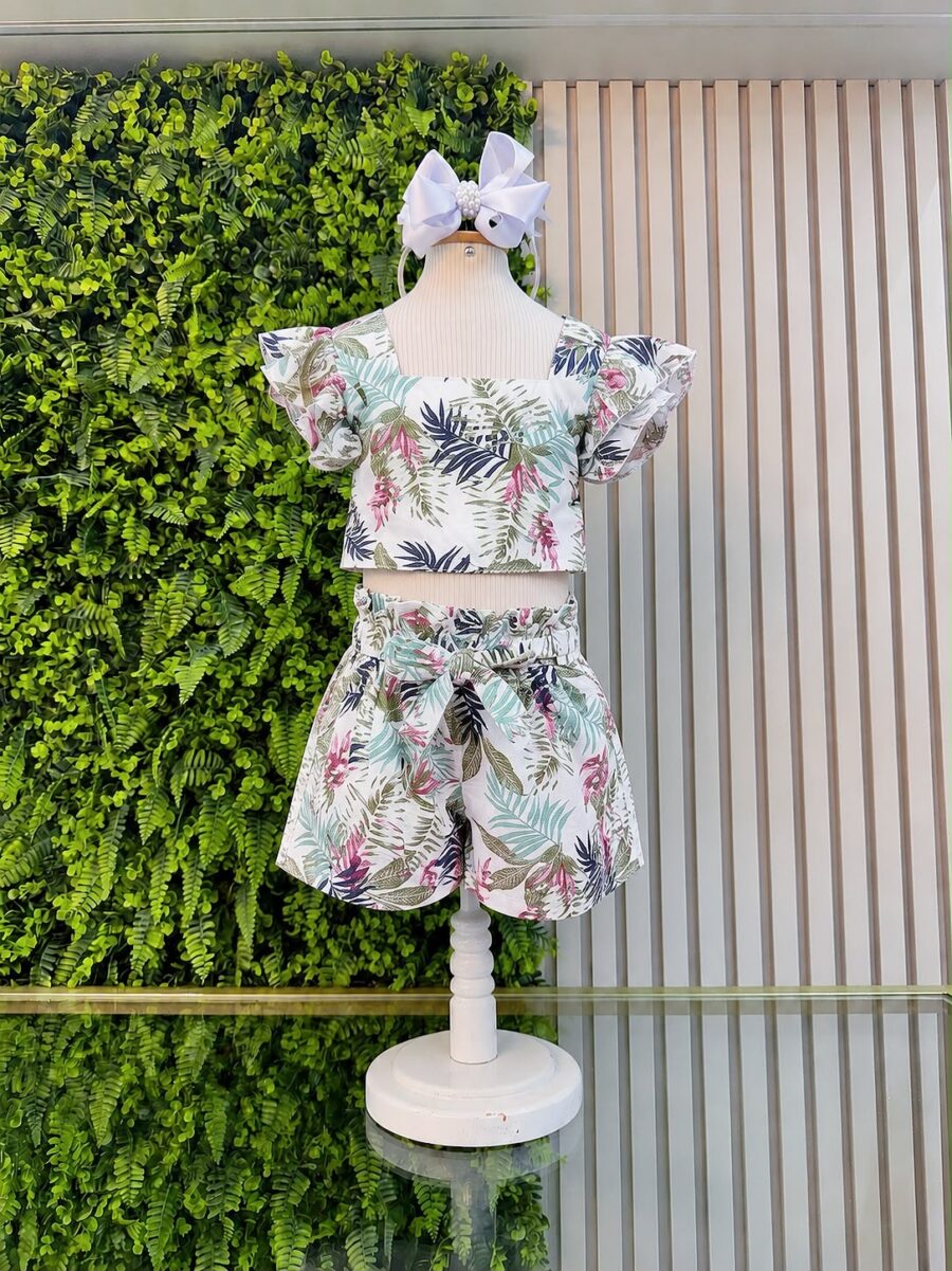 Conjunto Infantil Cropped e Saia Florida Colorida Casual