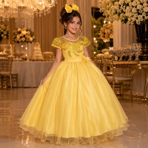 Vestido Longo Infantil Carol Mini Miss Amarelo Renda e Tule