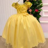 Vestido Longo Infantil Carol Mini Miss Amarelo Renda e Tule