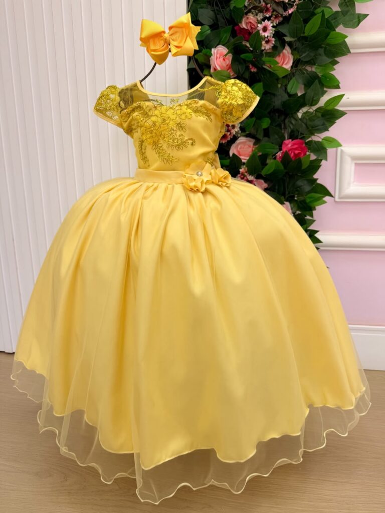 Vestido Longo Infantil Carol Mini Miss Amarelo Renda e Tule