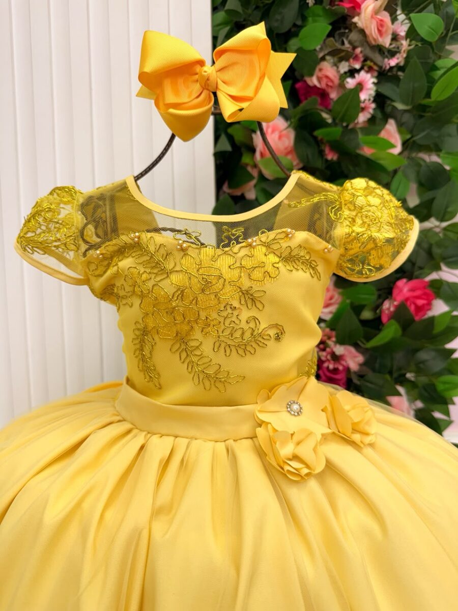 Vestido Longo Infantil Carol Mini Miss Amarelo Renda e Tule