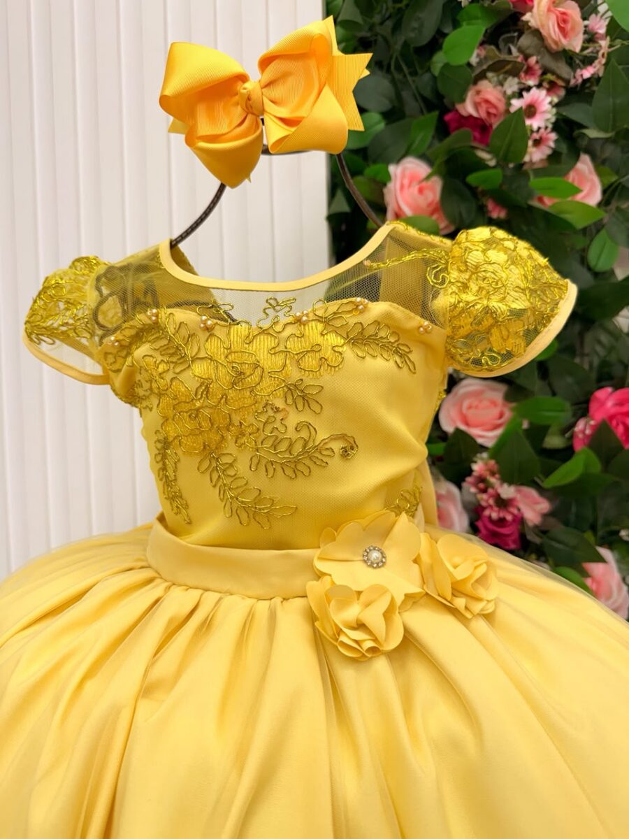 Vestido Longo Infantil Carol Mini Miss Amarelo Renda e Tule