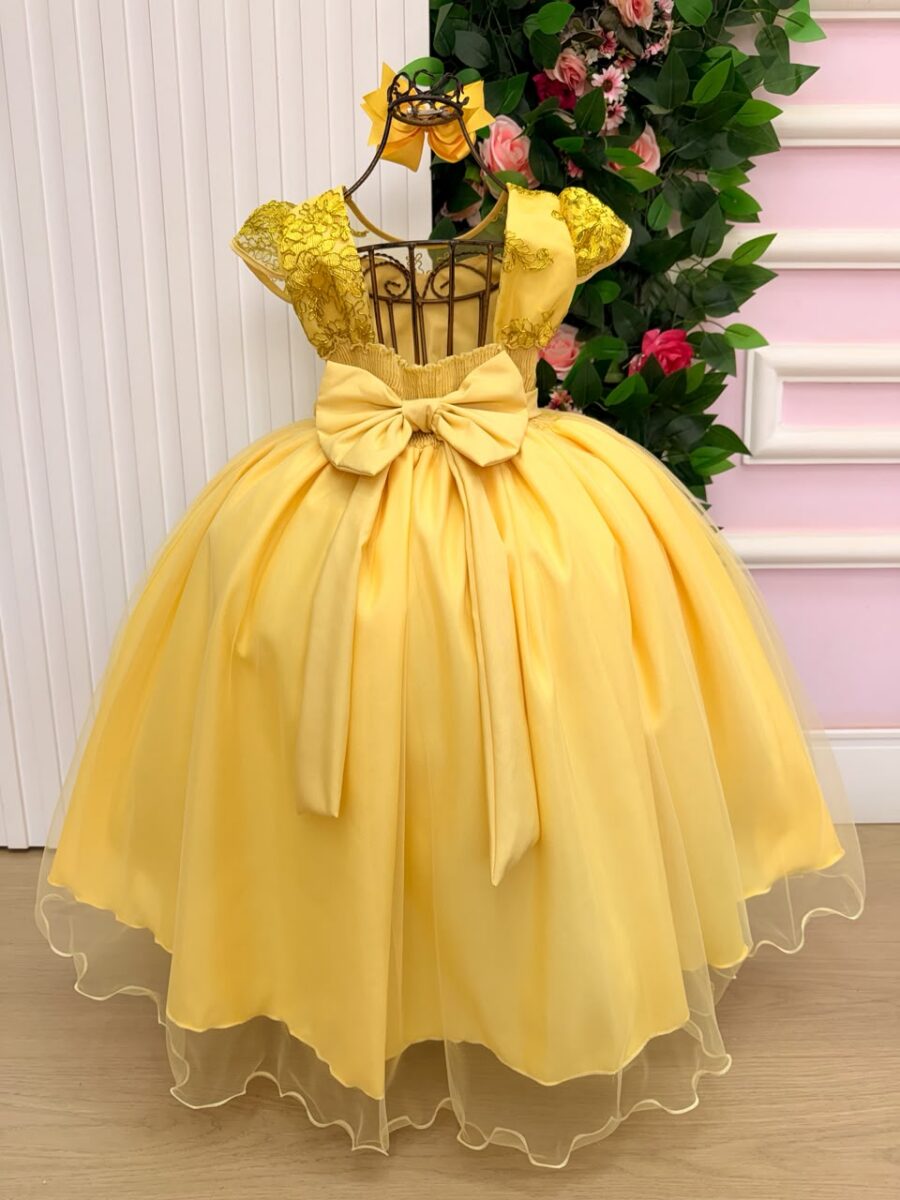 Vestido Longo Infantil Carol Mini Miss Amarelo Renda e Tule