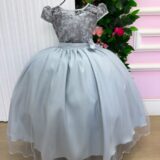 Vestido Longo Infantil Carol Mini Miss Prata Renda e Tule