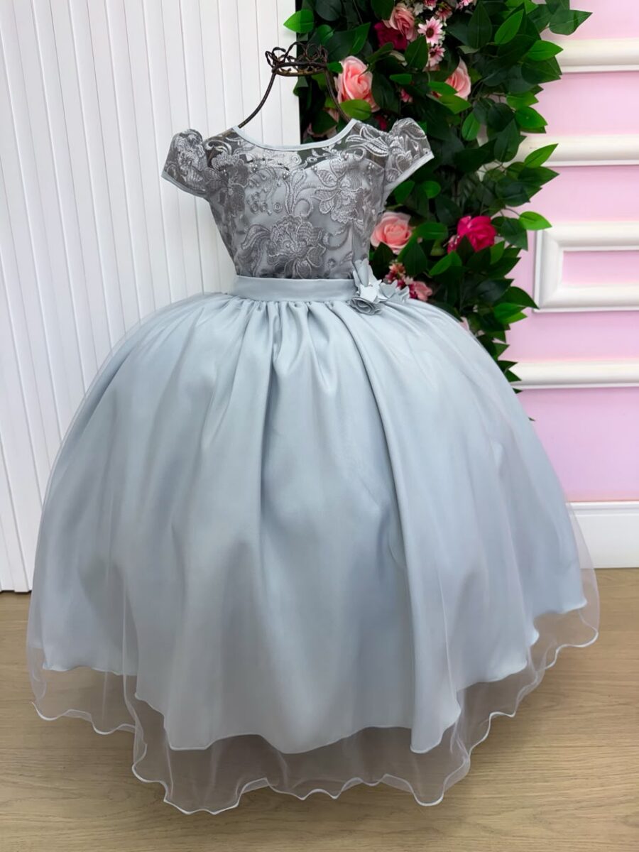 Vestido Longo Infantil Carol Mini Miss Prata Renda e Tule