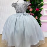 Vestido Longo Infantil Carol Mini Miss Prata Renda e Tule