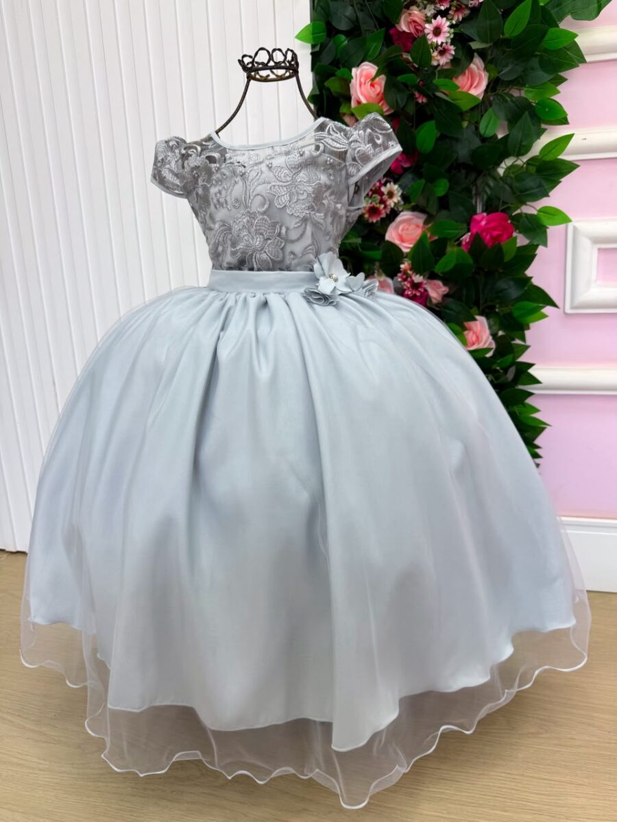 Vestido Longo Infantil Carol Mini Miss Prata Renda e Tule