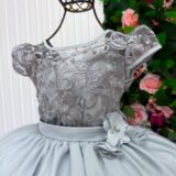 Vestido Longo Infantil Carol Mini Miss Prata Renda e Tule