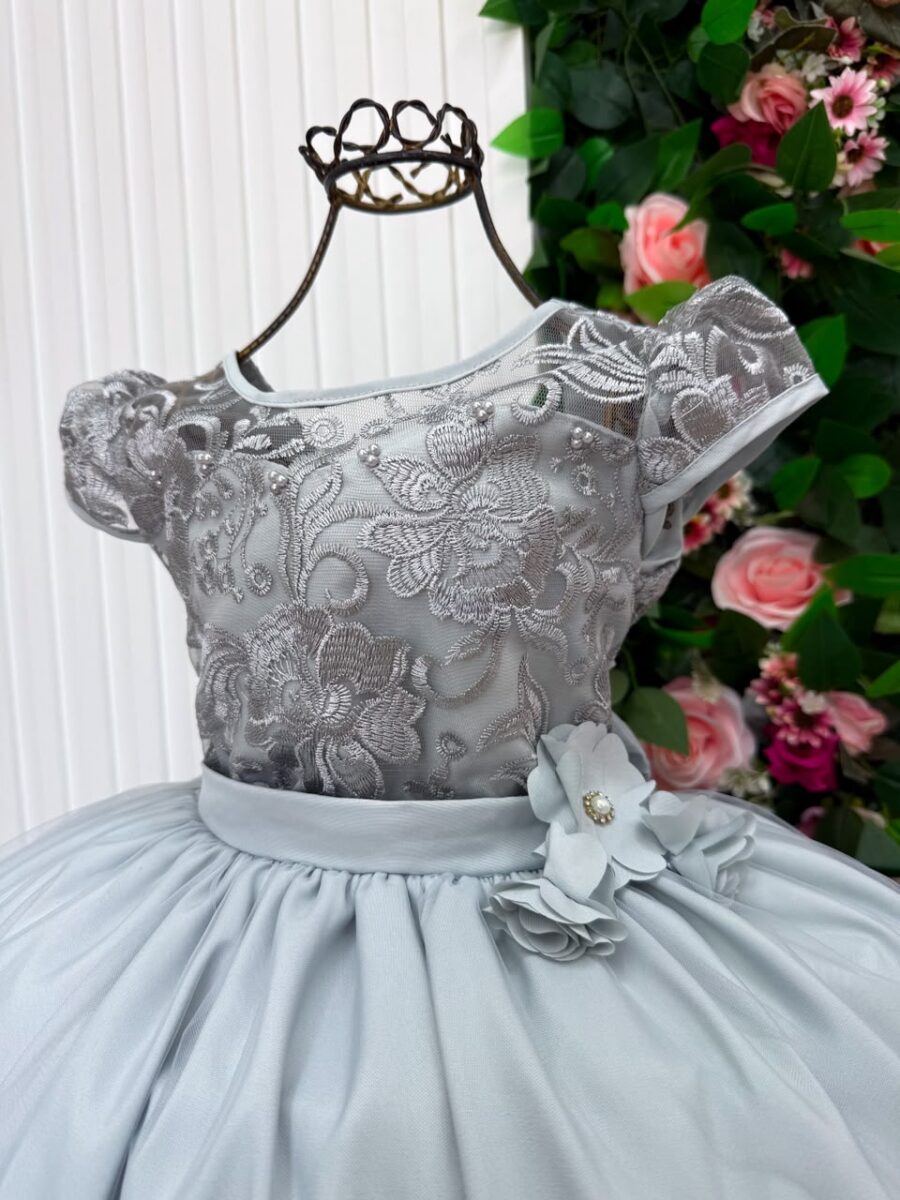 Vestido Longo Infantil Carol Mini Miss Prata Renda e Tule