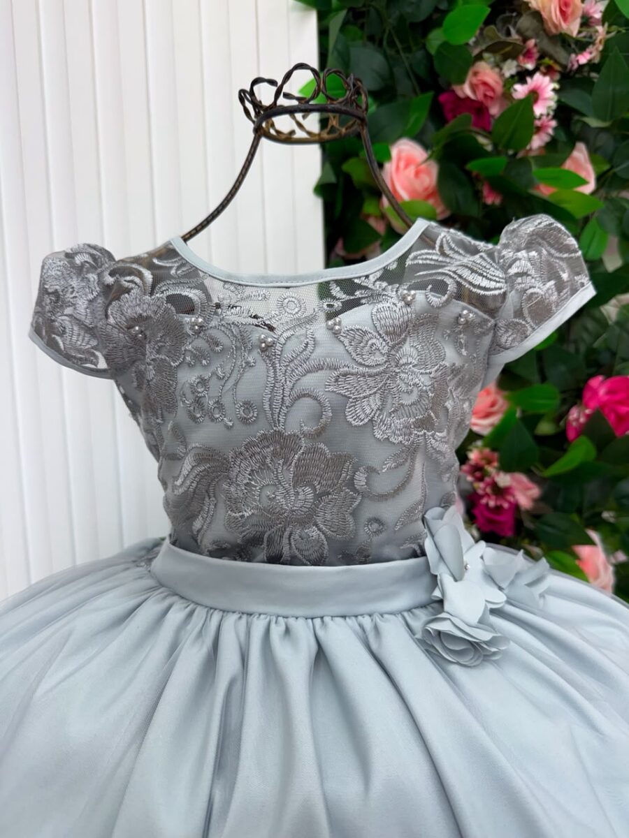 Vestido Longo Infantil Carol Mini Miss Prata Renda e Tule