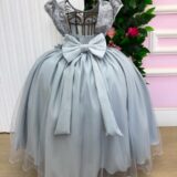 Vestido Longo Infantil Carol Mini Miss Prata Renda e Tule