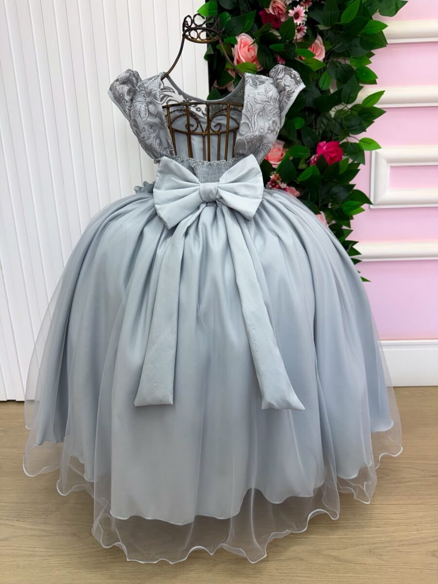 Vestido Longo Infantil Carol Mini Miss Prata Renda e Tule