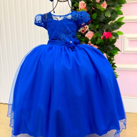 Vestido Longo Infantil Carol Mini Miss Azul Royal Renda