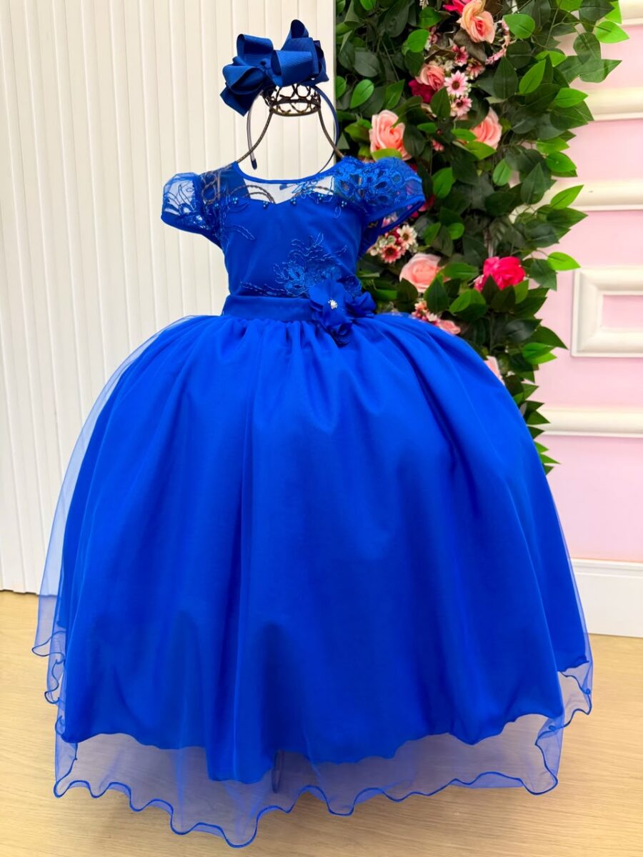 Vestido Longo Infantil Carol Mini Miss Azul Royal Renda
