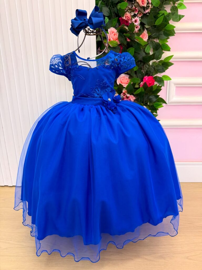 Vestido Longo Infantil Carol Mini Miss Azul Royal Renda