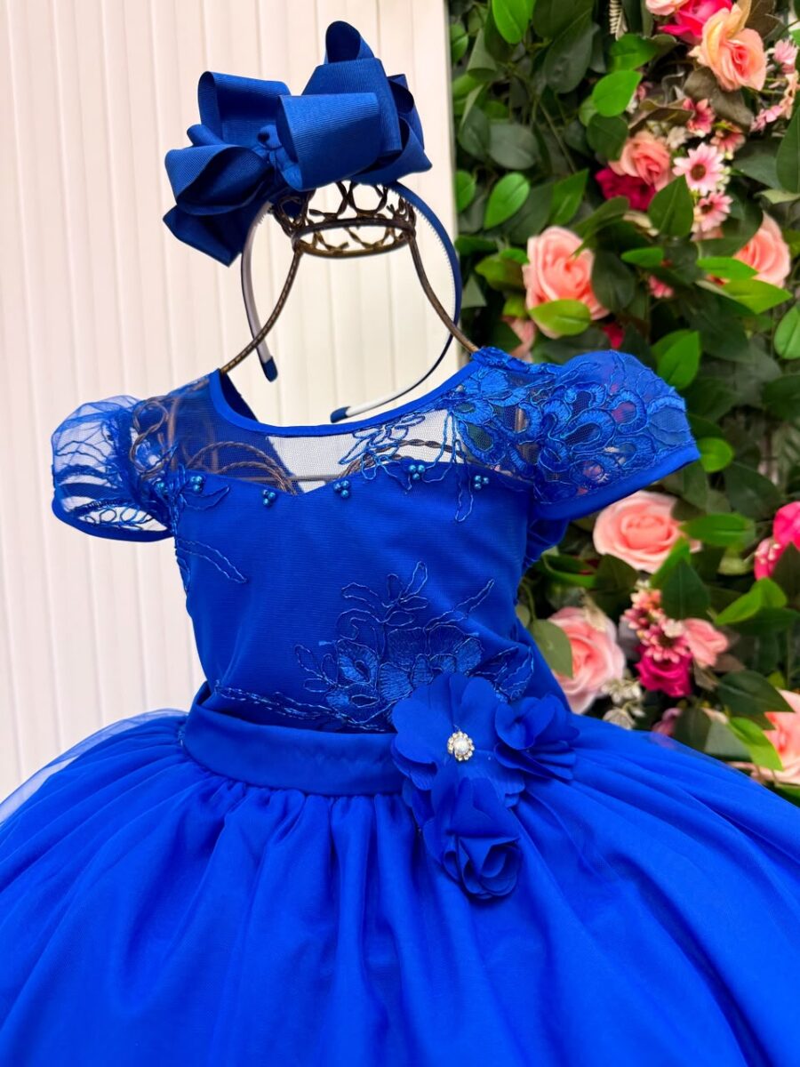 Vestido Longo Infantil Carol Mini Miss Azul Royal Renda