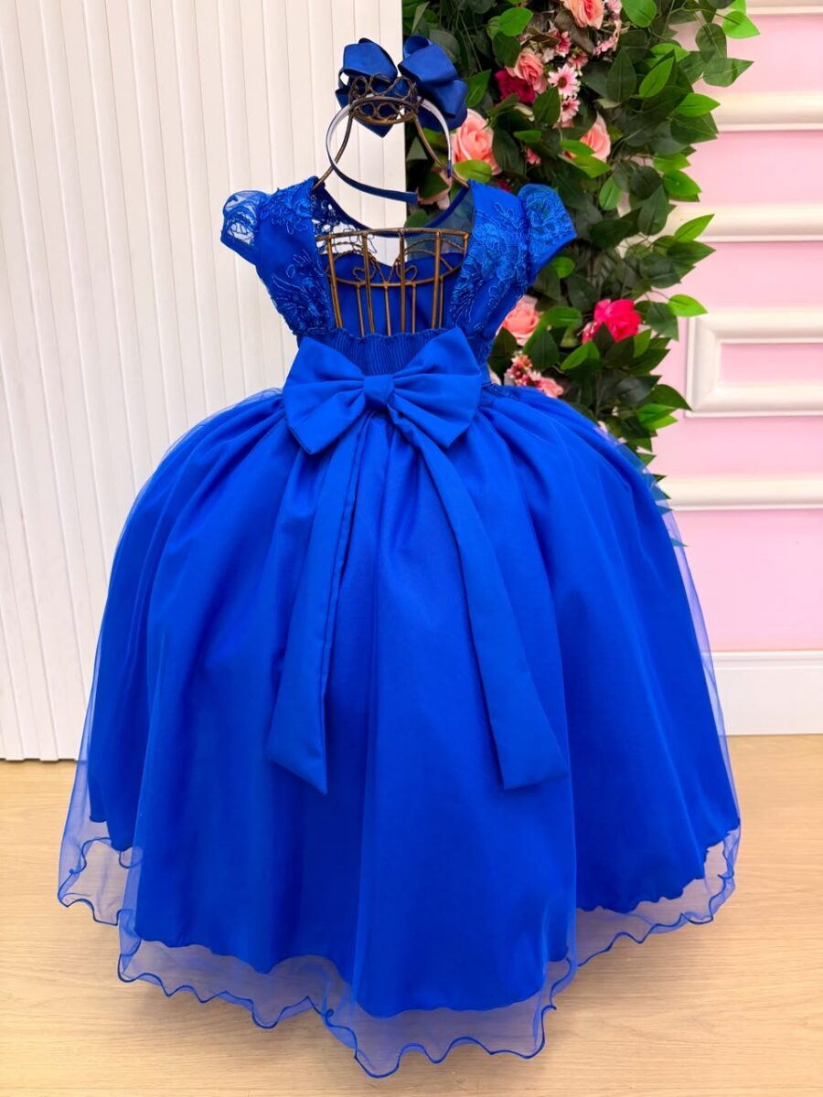 Vestido Longo Infantil Carol Mini Miss Azul Royal Renda