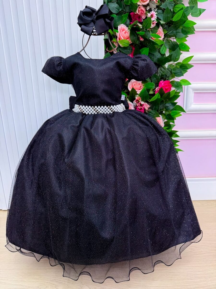 Vestido Longo Infantil Heloísa Marie Preto Tule Glitter