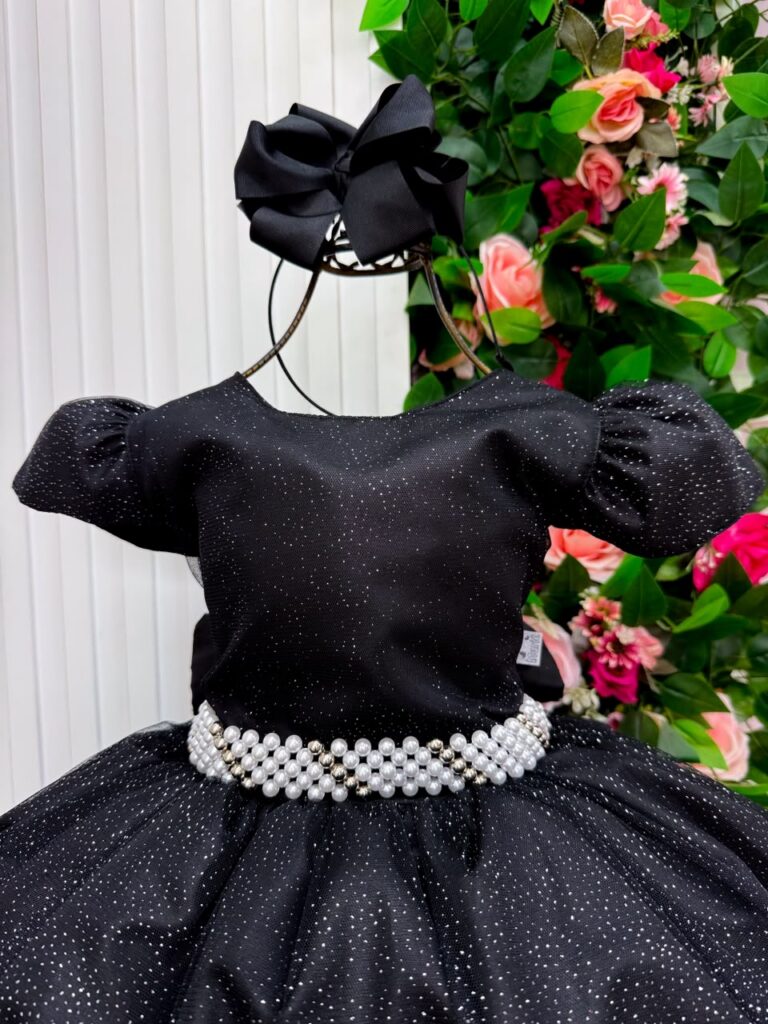 Vestido Longo Infantil Heloísa Marie Preto Tule Glitter