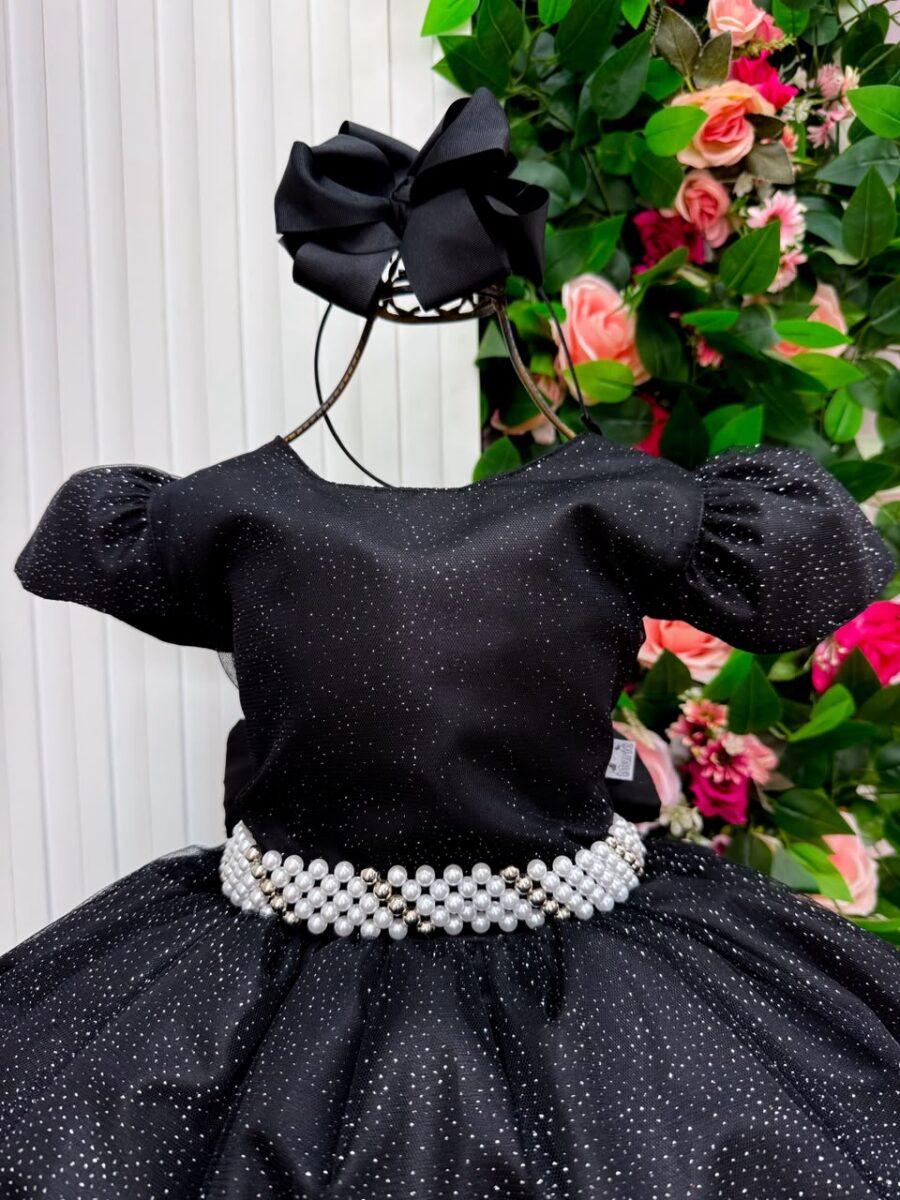 Vestido Longo Infantil Heloísa Marie Preto Tule Glitter
