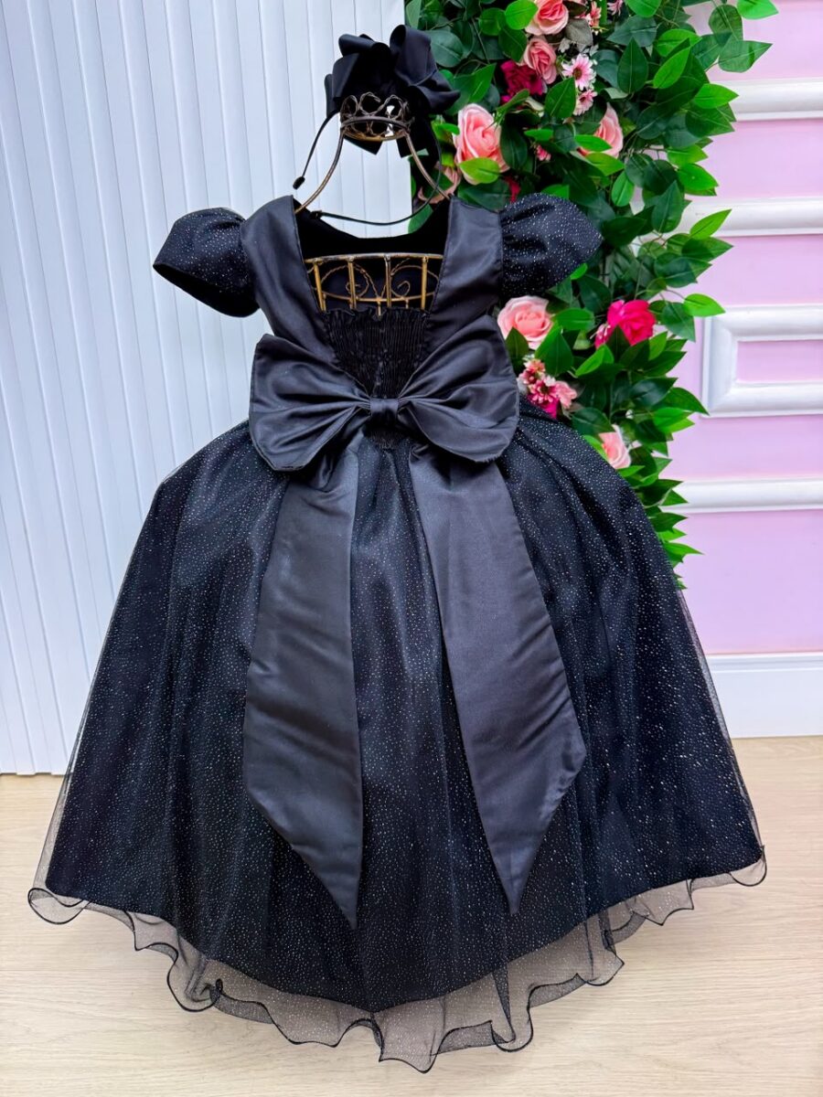 Vestido Longo Infantil Heloísa Marie Preto Tule Glitter
