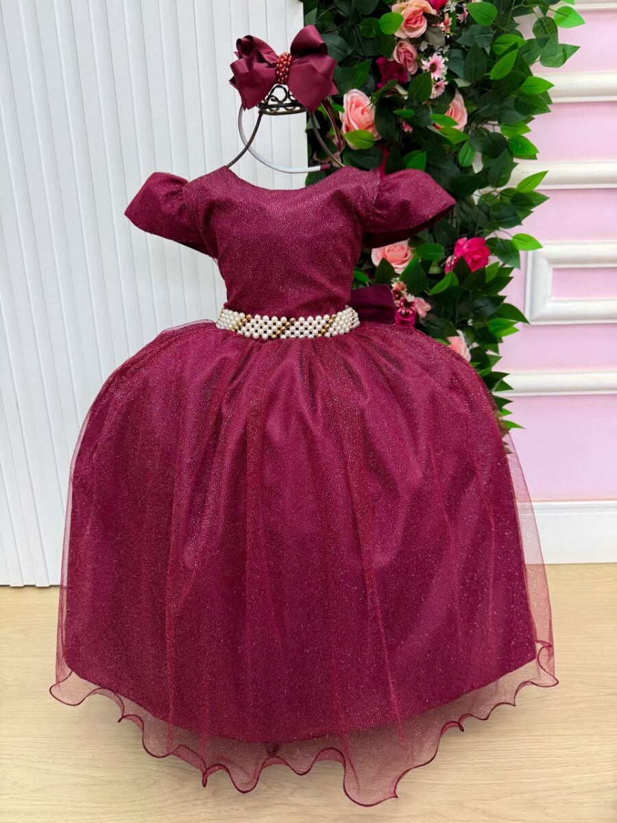 Vestido Longo Infantil Heloísa Marie Marsala Tule Glitter