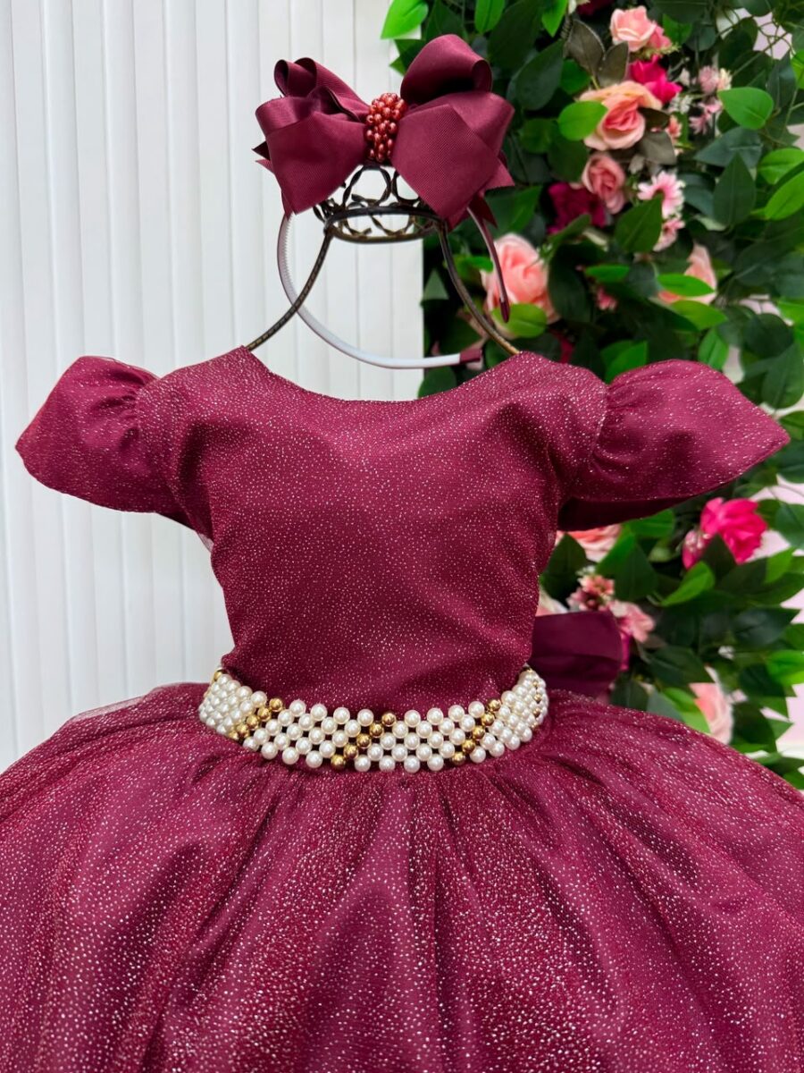 Vestido Longo Infantil Heloísa Marie Marsala Tule Glitter