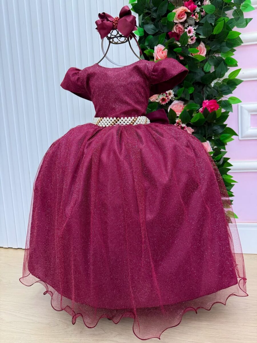 Vestido Longo Infantil Heloísa Marie Marsala Tule Glitter