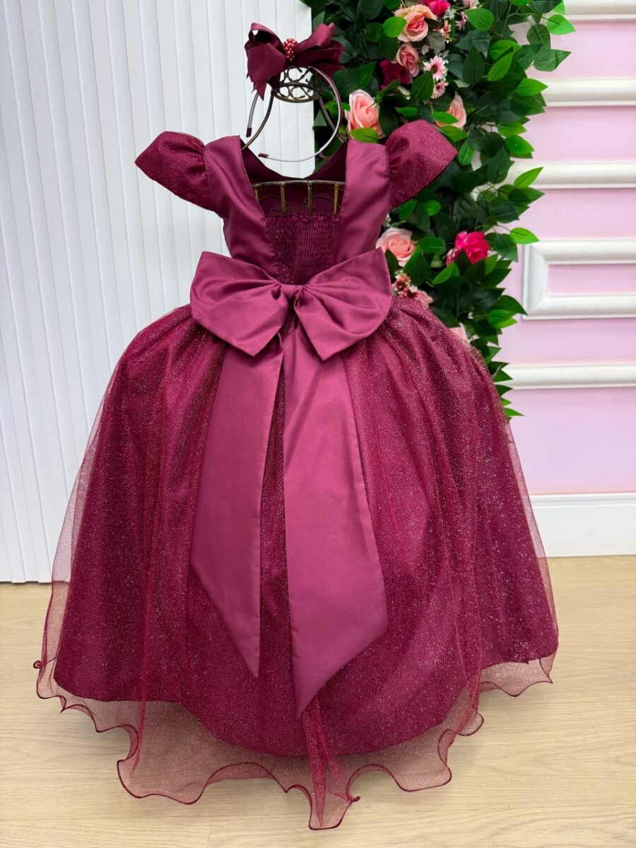 Vestido Longo Infantil Heloísa Marie Marsala Tule Glitter