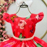 Vestido Infantil Vermelho Jardim das Borboletas Pérolas