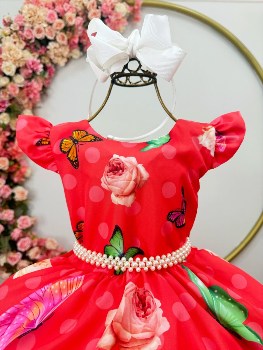 Vestido Infantil Vermelho Jardim das Borboletas Pérolas