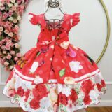 Vestido Infantil Vermelho Jardim das Borboletas Pérolas