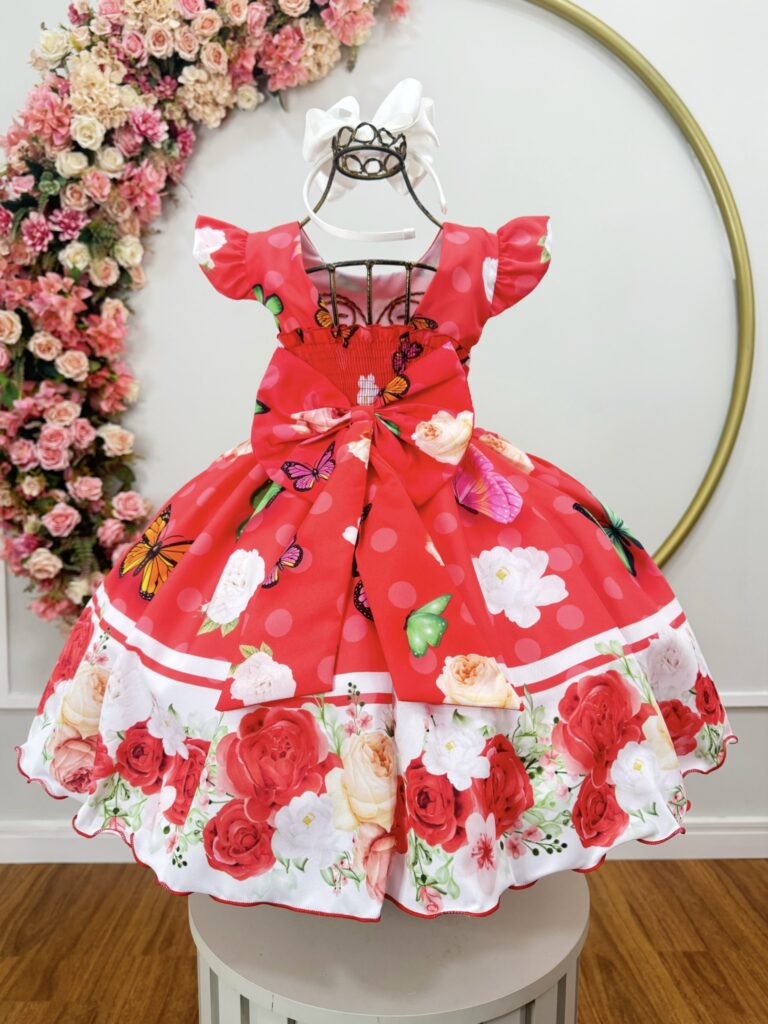 Vestido Infantil Vermelho Jardim das Borboletas Pérolas