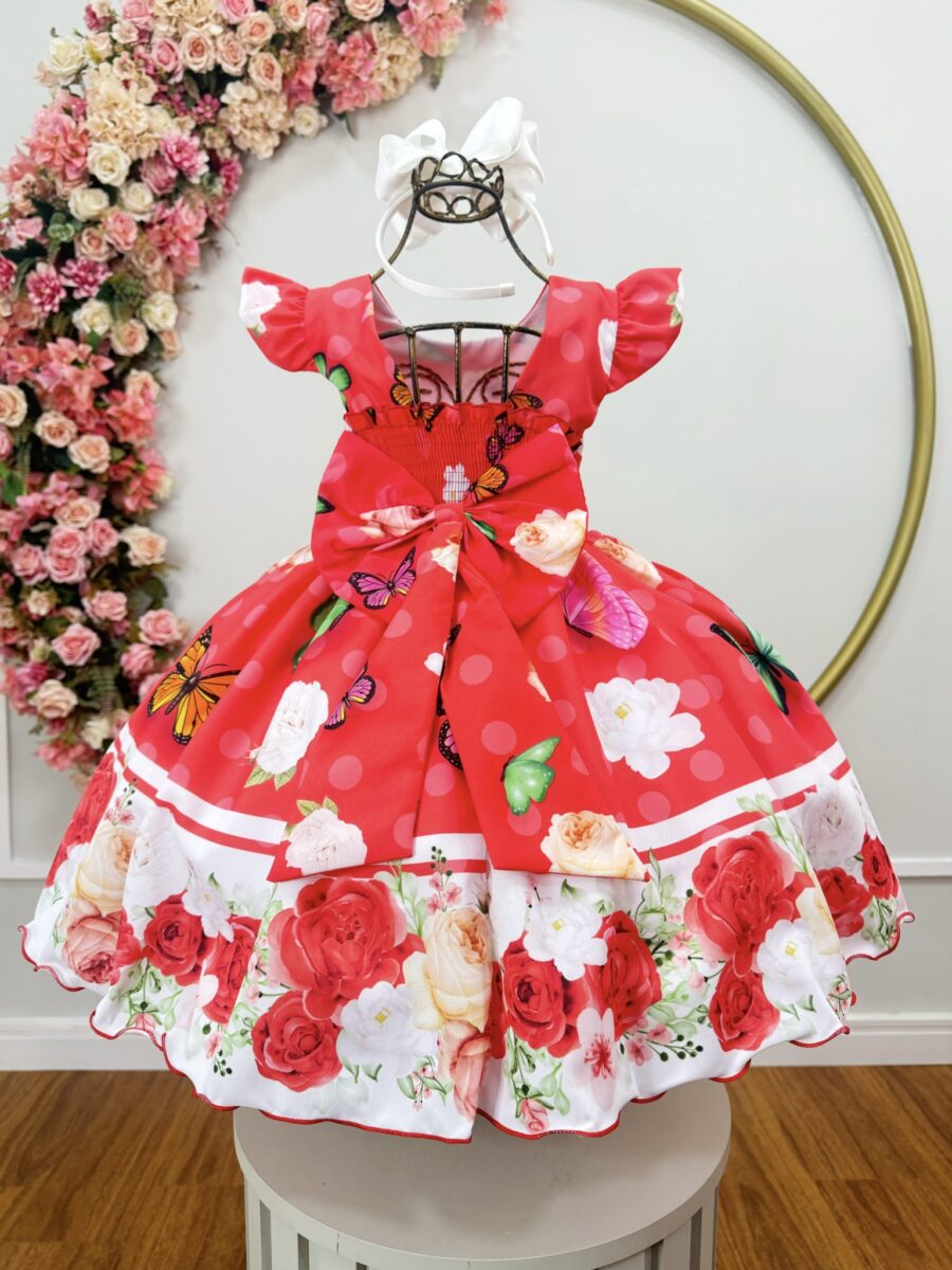 Vestido Infantil Vermelho Jardim das Borboletas Pérolas