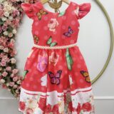 Vestido Infantil Vermelho Jardim das Borboletas Pérolas