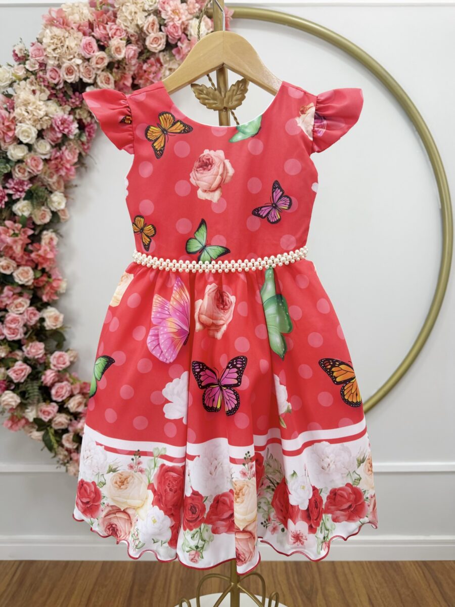Vestido Infantil Vermelho Jardim das Borboletas Pérolas