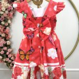 Vestido Infantil Vermelho Jardim das Borboletas Pérolas